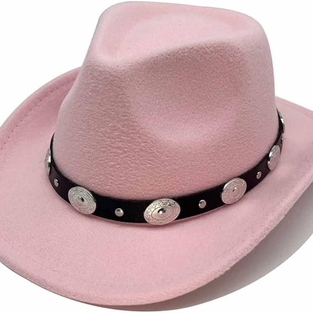 Light Pink Western Cowboy, Cowgirl Hat, Silver Strap,‎ Women Retro Wide Brim